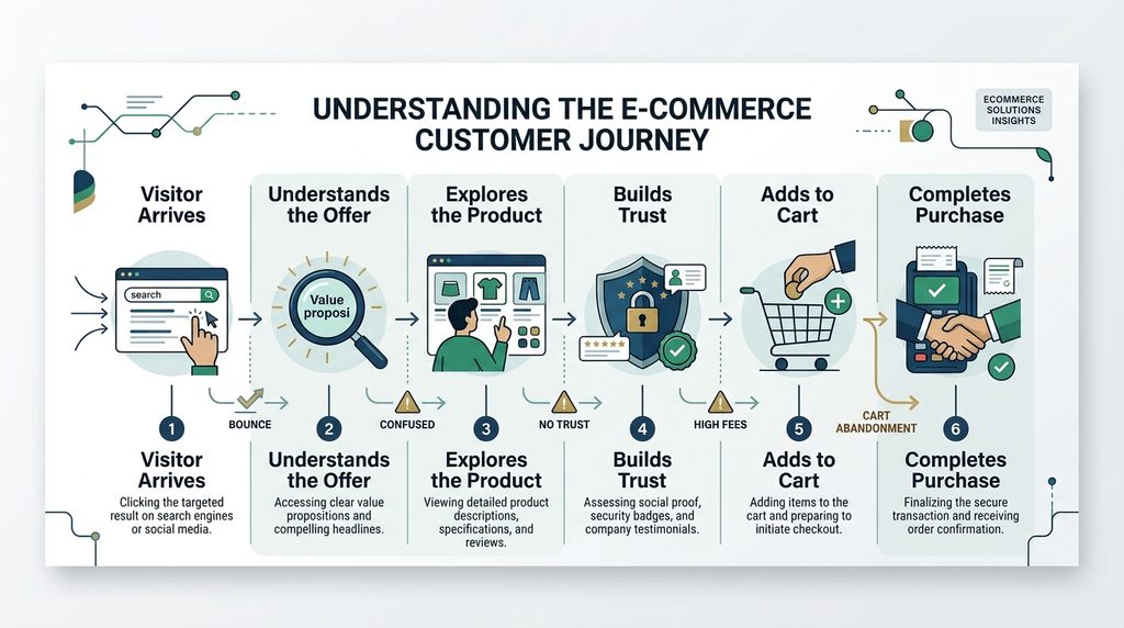 Ecommerce customer journey from store visit to completed purchase with conversion drop-off points