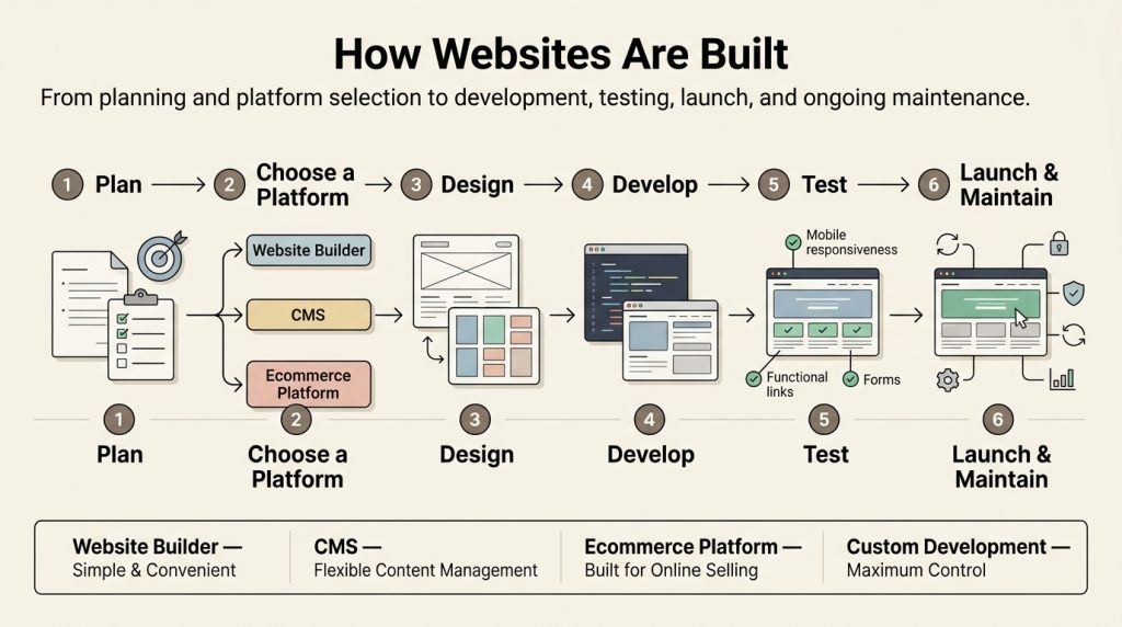 What Is a Website? A Complete Beginner's Guide to How Websites Work Infographic showing how websites are built through planning, platform selection, design, development, testing, launch, and maintenance
