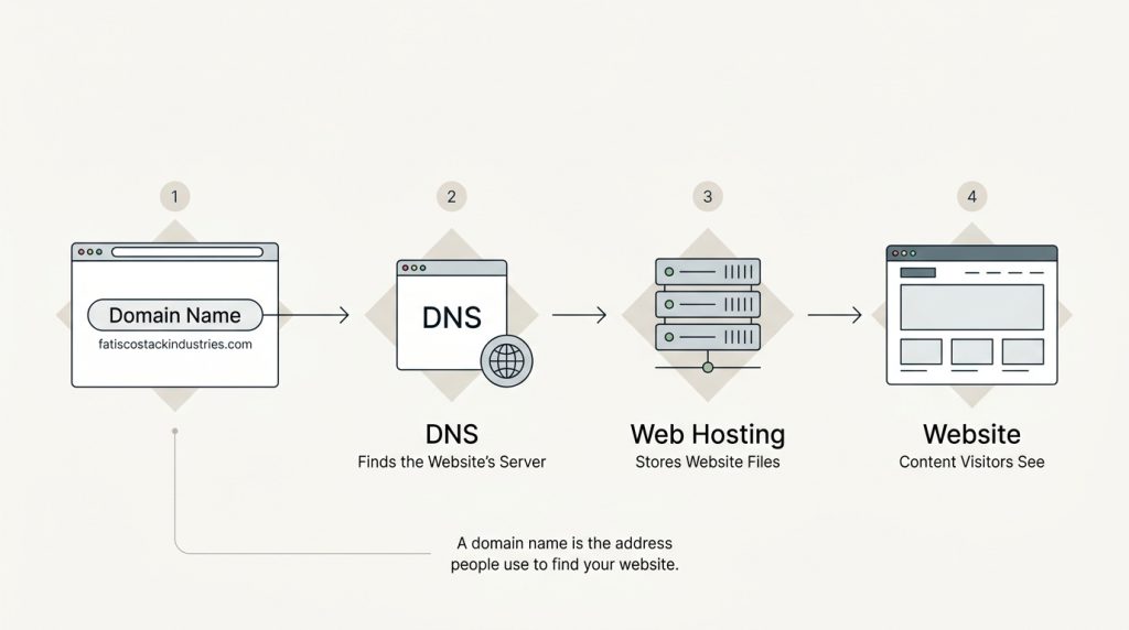 What Is a Website? A Complete Beginner's Guide to How Websites Work Infographic showing how a domain name connects visitors to a website through DNS and web hosting