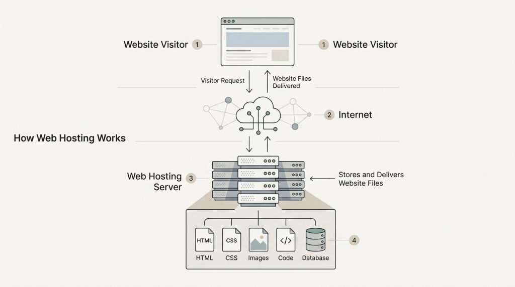 What Is a Website? A Complete Beginner's Guide to How Websites Work Infographic explaining how web hosting delivers website files from a hosting server to a website visitor