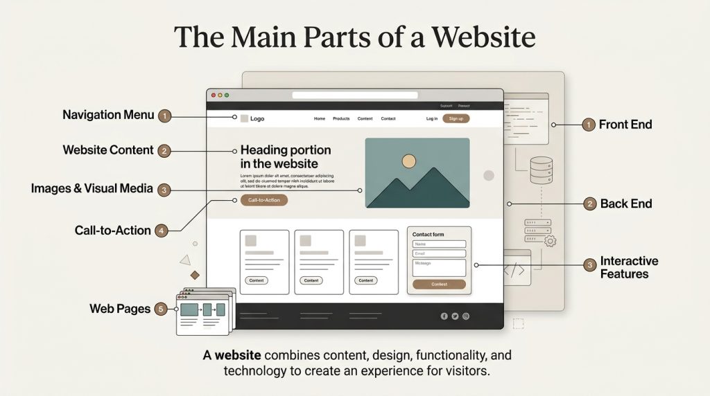 What Is a Website? A Complete Beginner's Guide to How Websites Work Infographic showing the main parts of a website including navigation, content, images, interactive features, front end, and back end