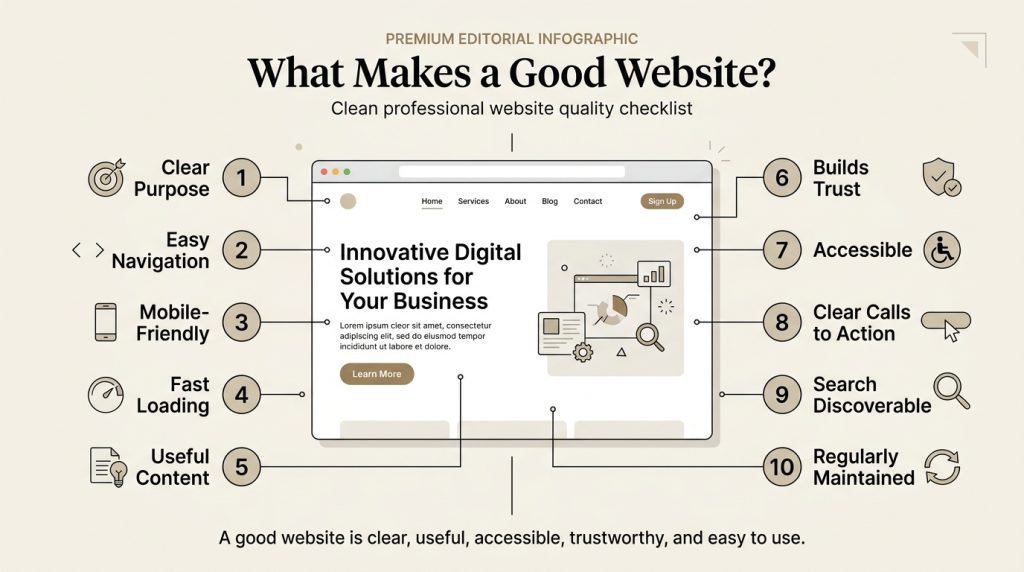 What Is a Website? A Complete Beginner's Guide to How Websites Work Infographic showing ten qualities of a good website including clear purpose, easy navigation, mobile friendliness, speed, useful content, trust, accessibility, calls to action, search visibility, and maintenance