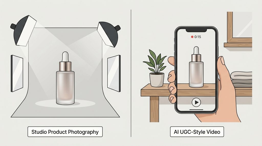 Comparison graphic of traditional product photography and AI-generated UGC-style video for ecommerce marketing