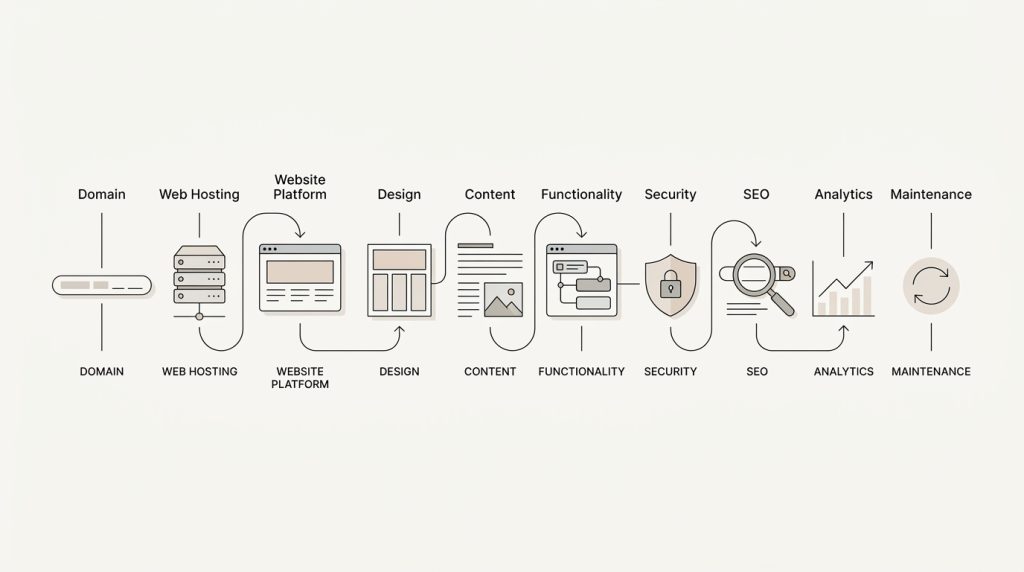 What Is a Website? A Complete Beginner's Guide to How Websites Work Line illustration showing the essential components needed to build a modern website, including domain, hosting, design, content, security, SEO, analytics, and maintenance