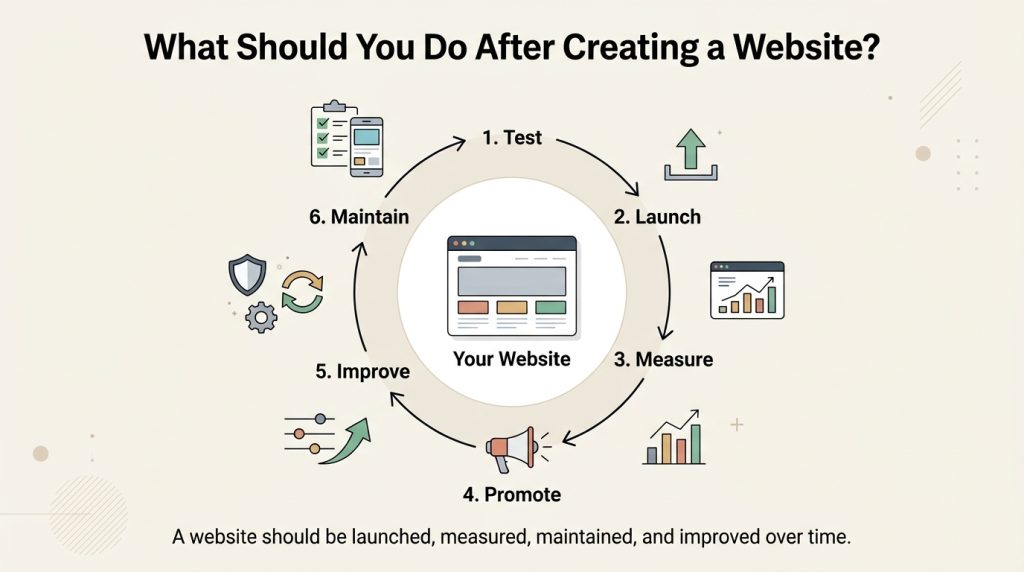 What Is a Website? A Complete Beginner's Guide to How Websites Work Circular infographic showing the six steps after creating a website: test, launch, measure, promote, improve, and maintain