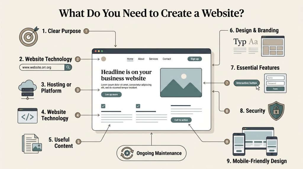 What Is a Website? A Complete Beginner's Guide to How Websites Work Infographic showing the essential components needed to create a website including a domain, hosting, content, design, security, and maintenance