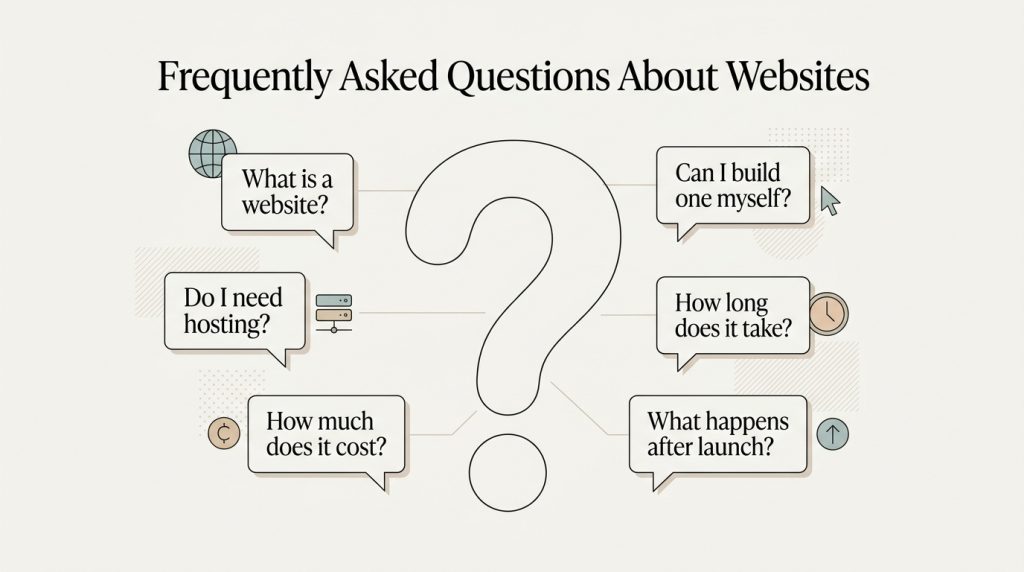 What Is a Website? A Complete Beginner's Guide to How Websites Work Editorial illustration showing common beginner questions about websites, including hosting, cost, website creation, development time, and post-launch steps